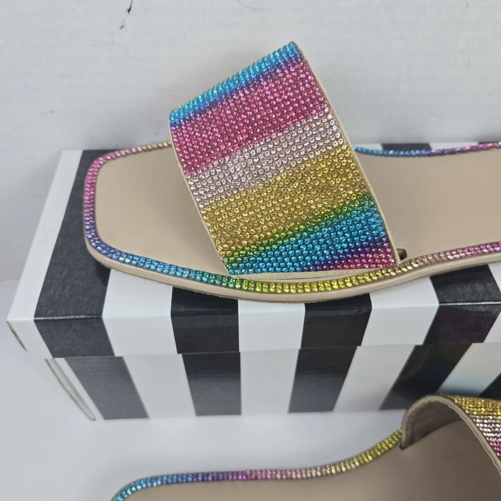 Camel Threads XO Cosmo Striped Rhinestone Slides Open Toe Flats Womens 9 NIB $48